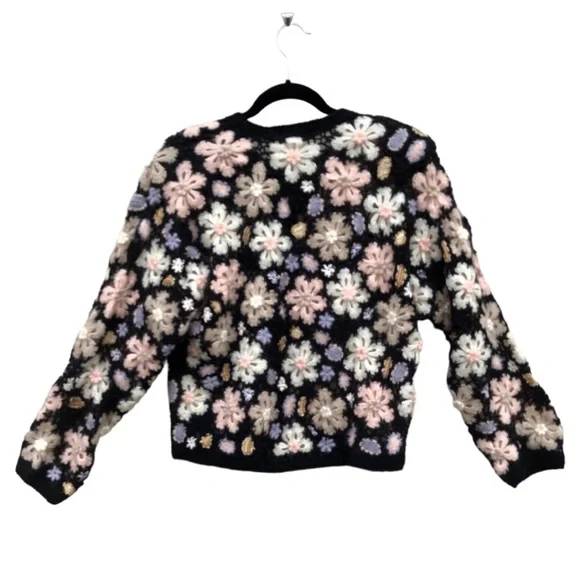 RARE‼️ Crochet Cardigan Mohair Black Floral Button Down , by Flame Size L - Picture 4 of 16